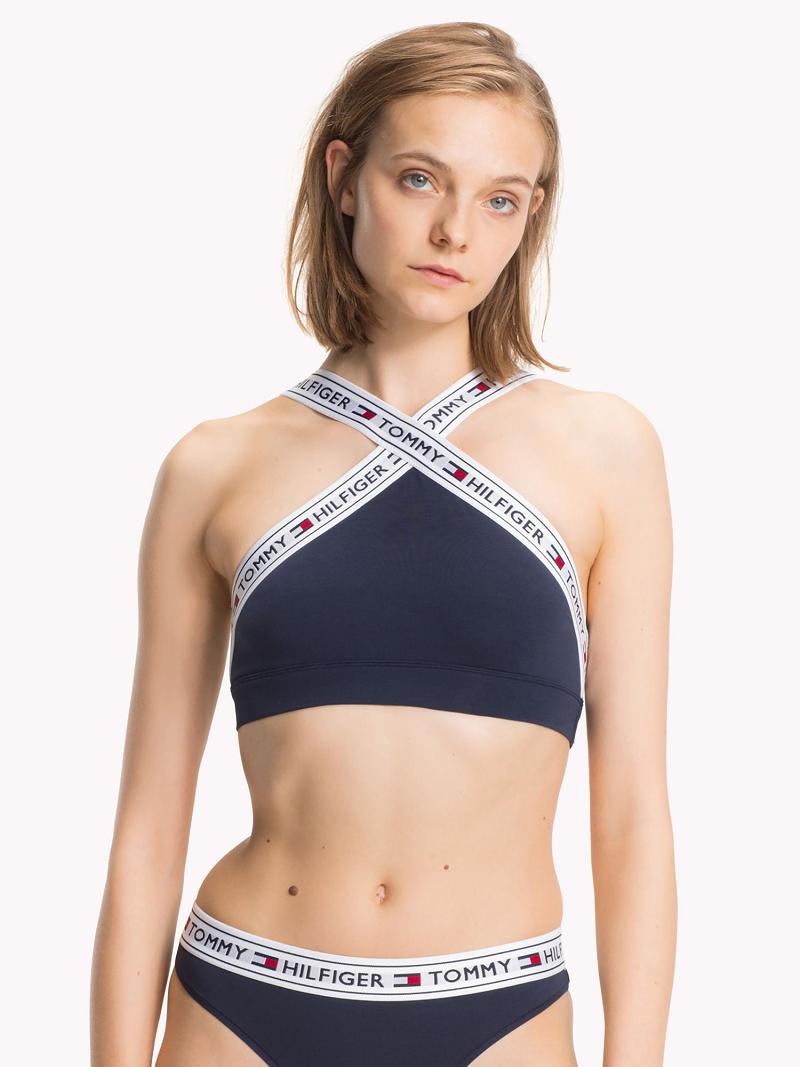 Női Tommy Hilfiger Cross Halter Logo Melltartók Sötétkék | HU 514LIS